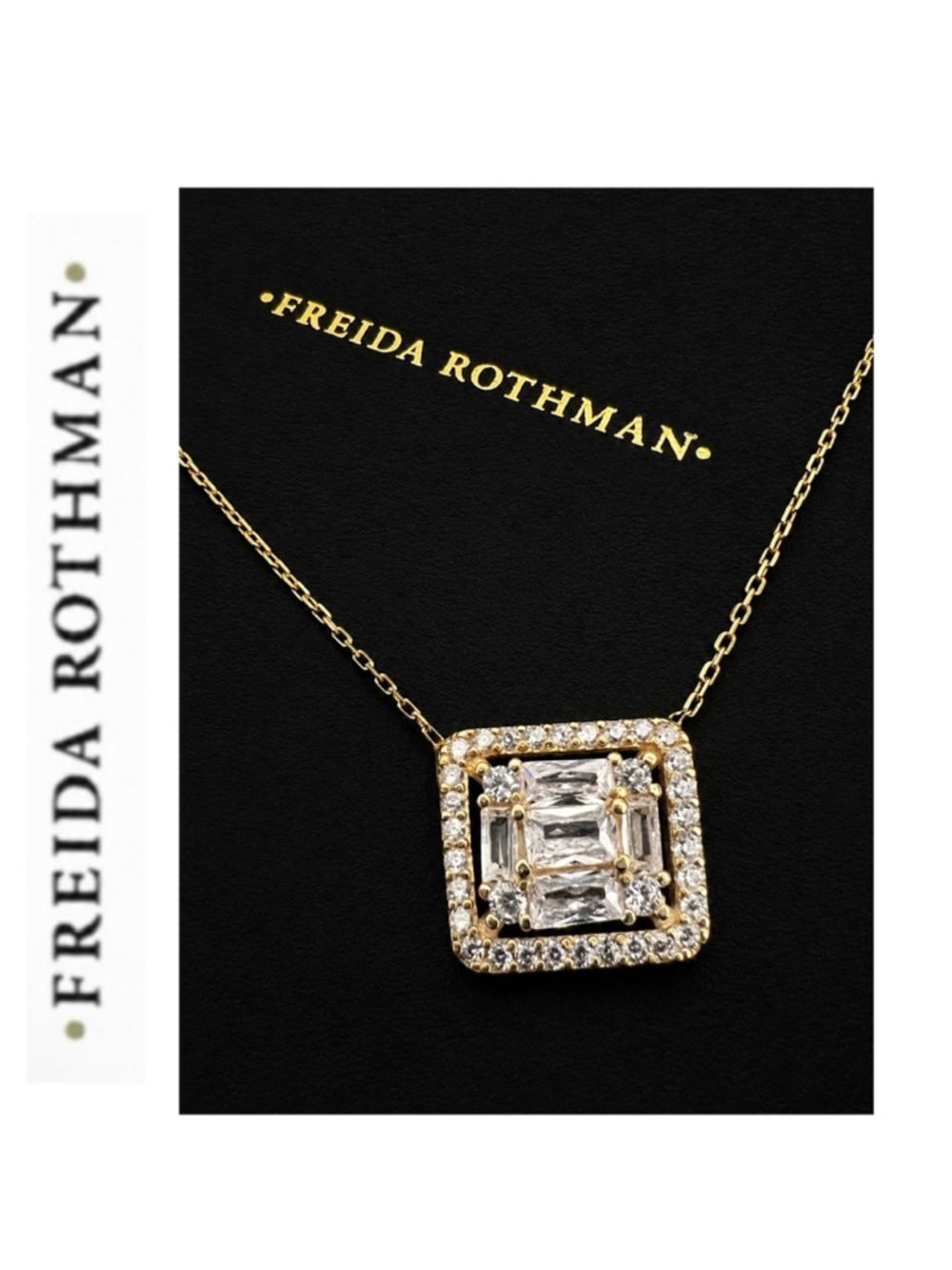 Freida Rothman Vault 925 Sterling Silver 14k Overlay Baguette CZ Halo Necklace